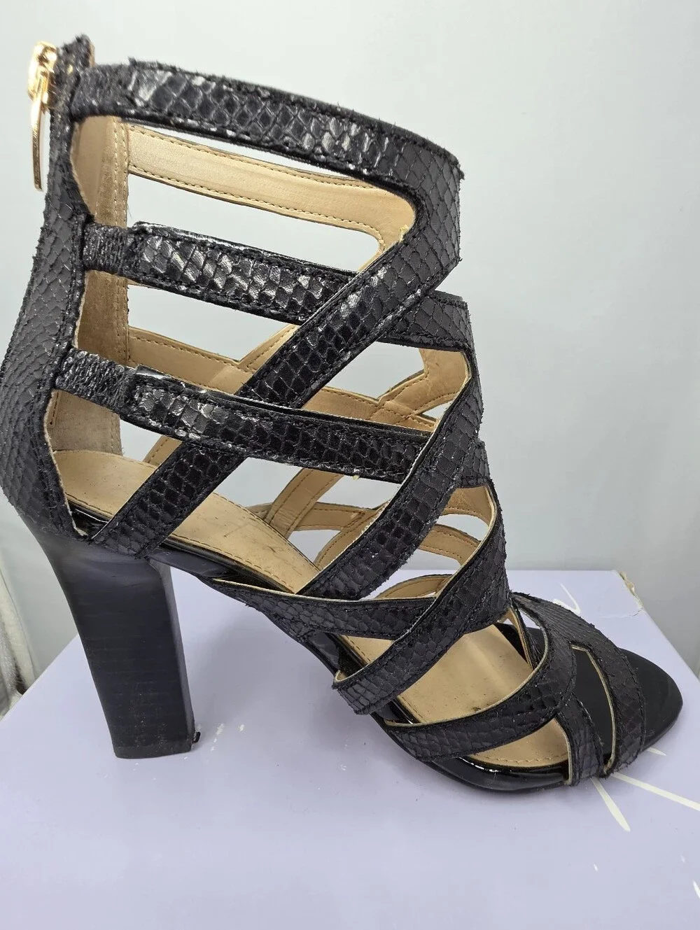 Marc Fisher faux snakeskin caged heels 7.5